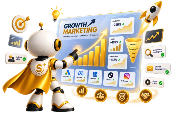 Robot 3D et tableau de croissance marketing